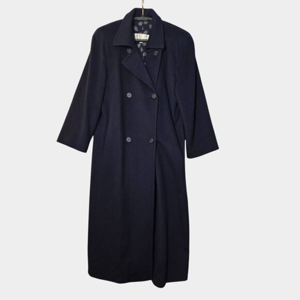 Vintage Evan Picone Women's Wool Double Breasted Long Overcoat 12 Navy Blue